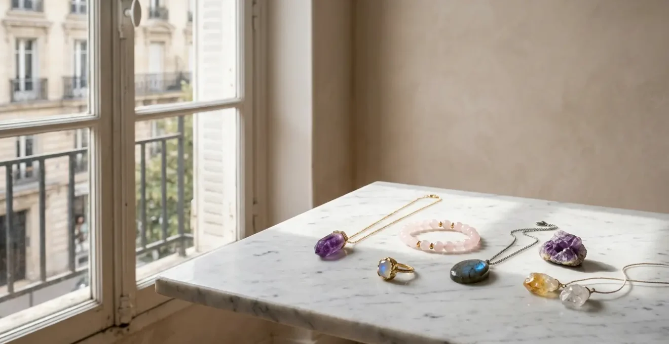 Ensemble harmonieux de bijoux en pierres naturelles disposés sur surface minimaliste mettant en valeur leurs textures et couleurs