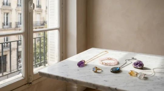 Ensemble harmonieux de bijoux en pierres naturelles disposés sur surface minimaliste mettant en valeur leurs textures et couleurs