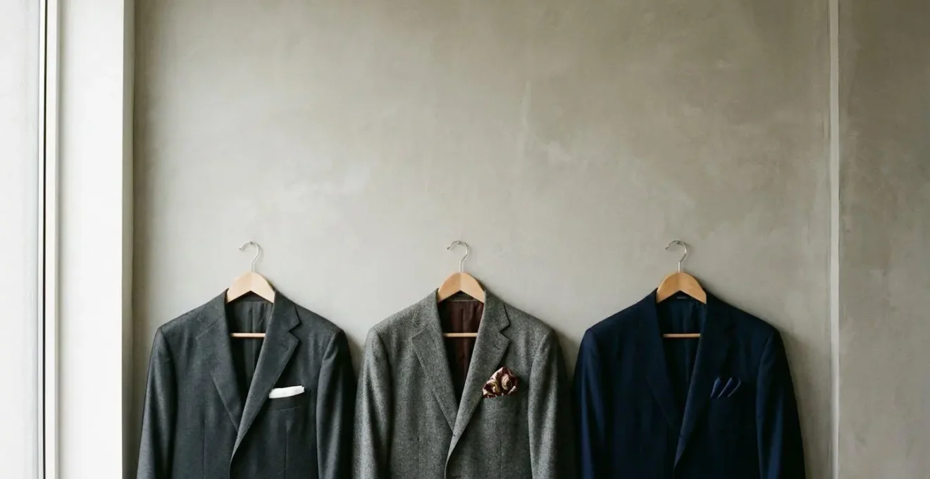 Vue détaillée de trois styles de pliage de pochette sur des vestes de costume