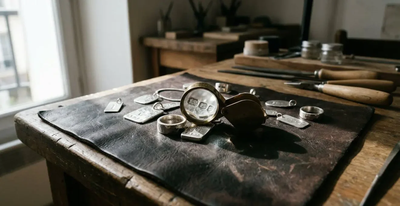 Détail macro de poinçons français sur bijoux avec loupe de joaillier