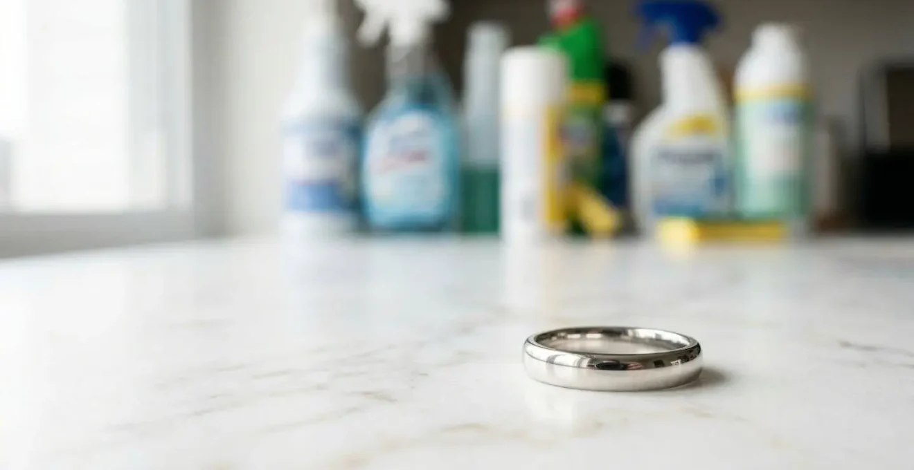 Nature morte montrant des flacons de produits ménagers flous avec une bague brillante au premier plan
