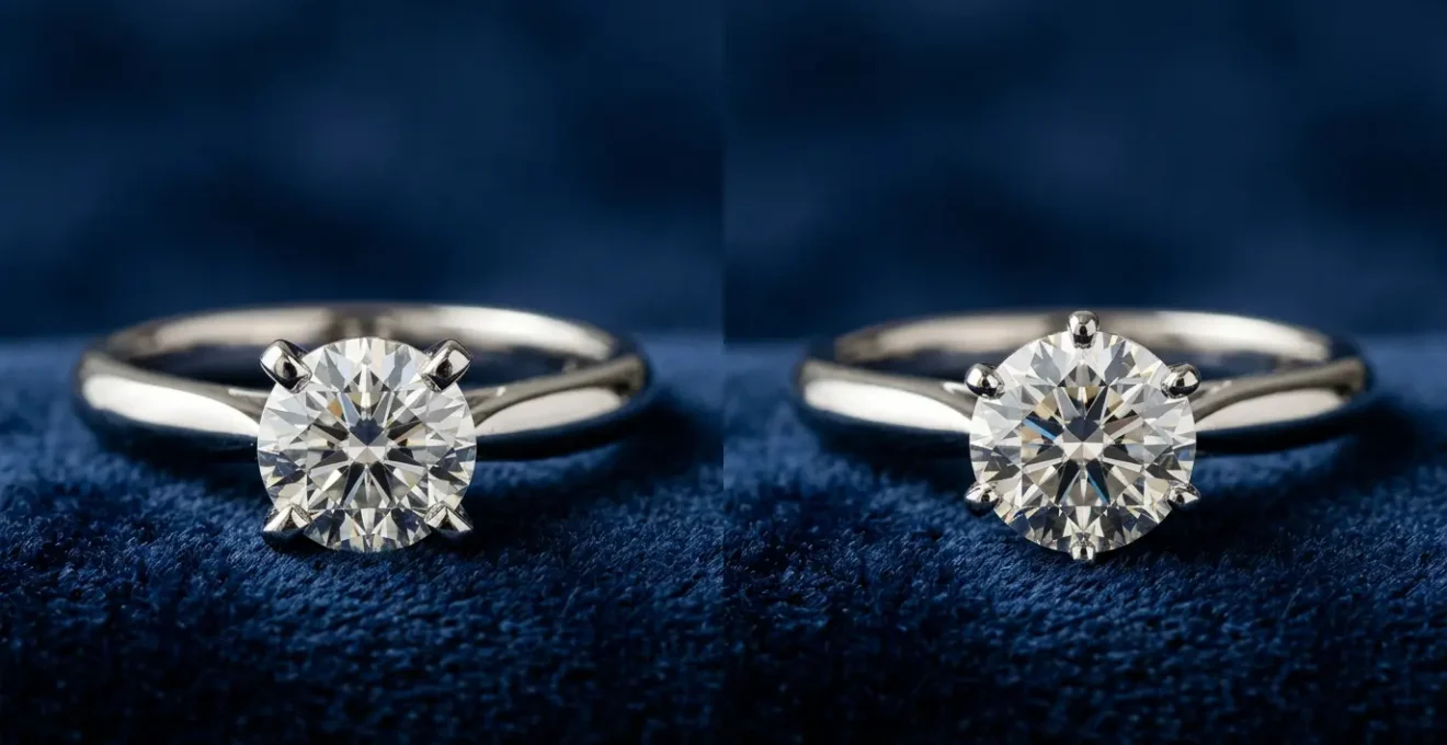 Gros plan sur deux bagues solitaires en or blanc posées sur une surface en velours, montrant la différence entre un serti 4 griffes et 6 griffes avec leurs diamants brillants