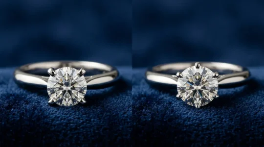 Gros plan sur deux bagues solitaires en or blanc posées sur une surface en velours, montrant la différence entre un serti 4 griffes et 6 griffes avec leurs diamants brillants