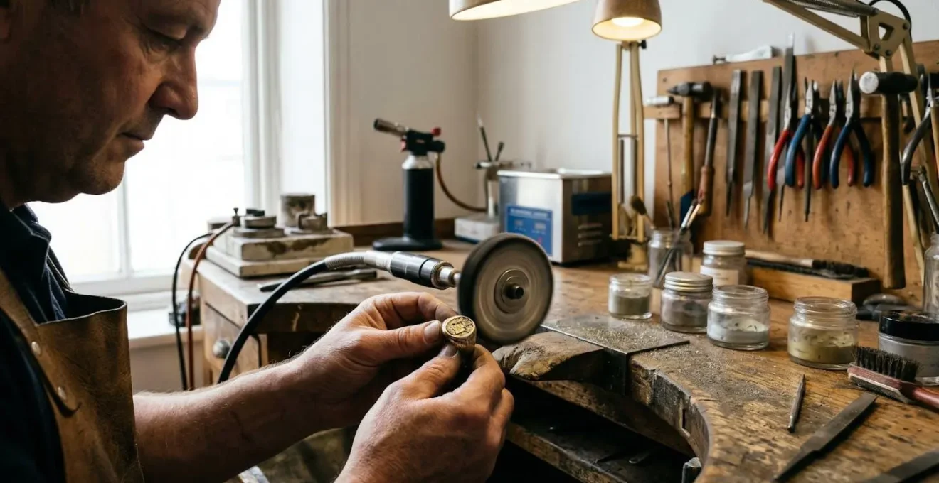 Mains d'artisan transformant une chevalière ancienne dans un atelier de joaillerie