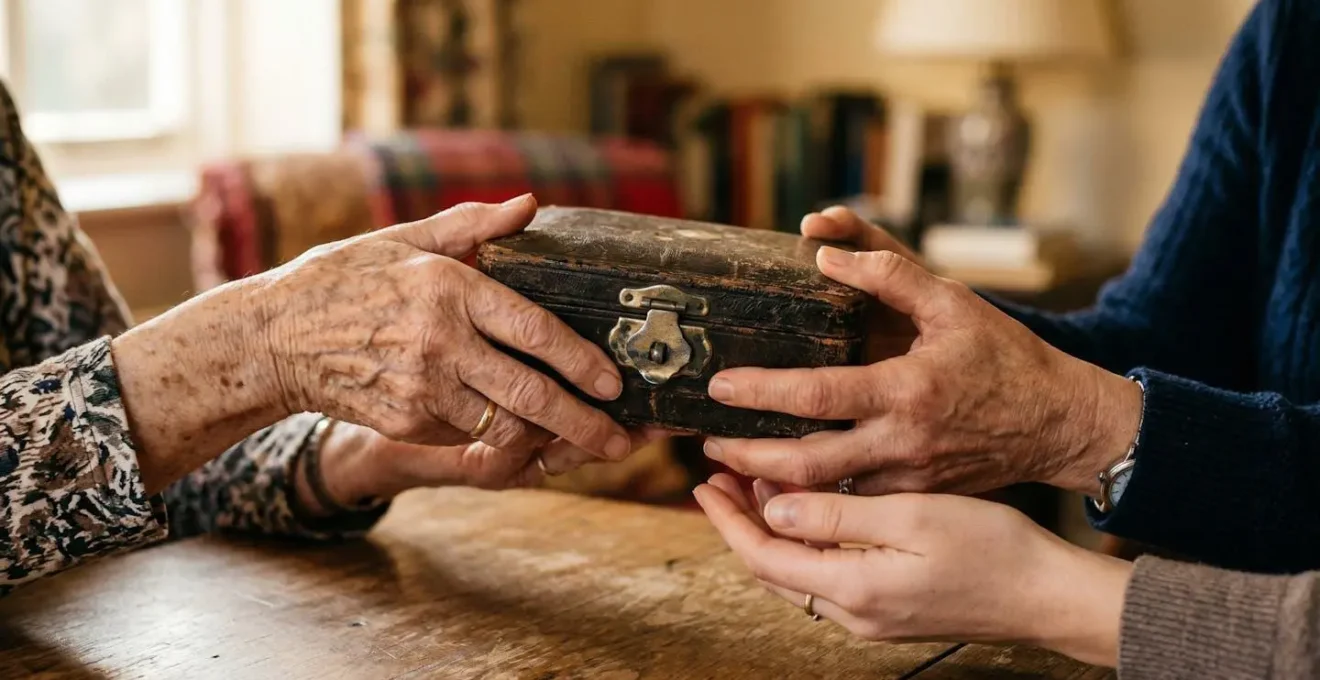 Mains de trois générations échangeant délicatement un écrin à bijoux ancien