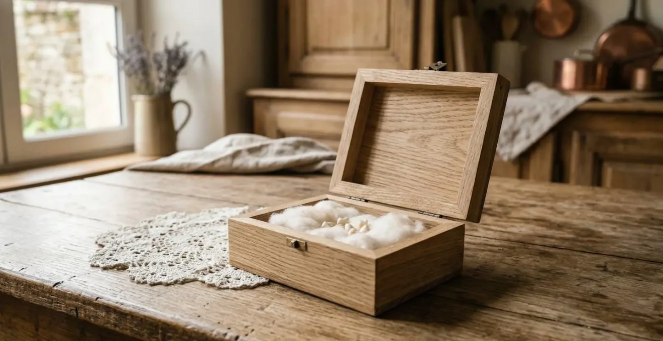Boîte à dents en bois naturel ouverte avec de petites dents de lait à l'intérieur sur une table en bois