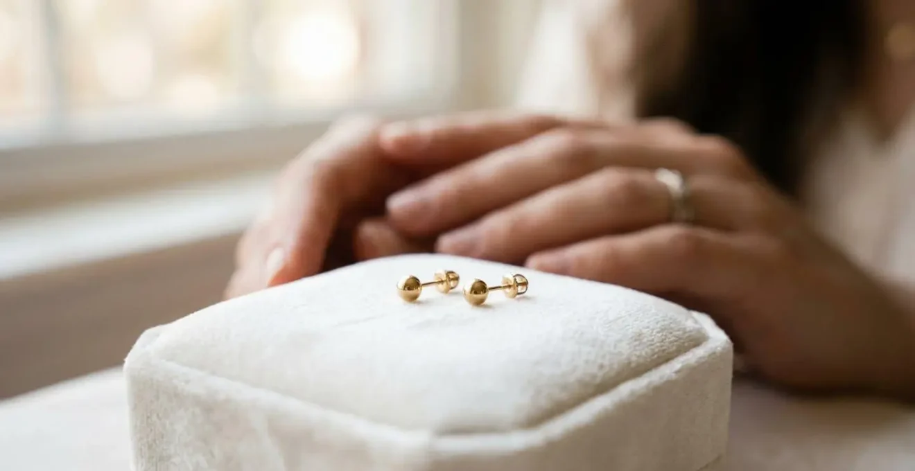 Petites boucles d'oreilles en or pour bébé sur coussin de velours blanc