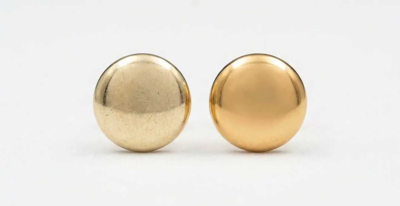 Gros plan macro sur deux boucles d'oreilles dorées montrant la différence de qualité entre l'or 9 et 18 carats