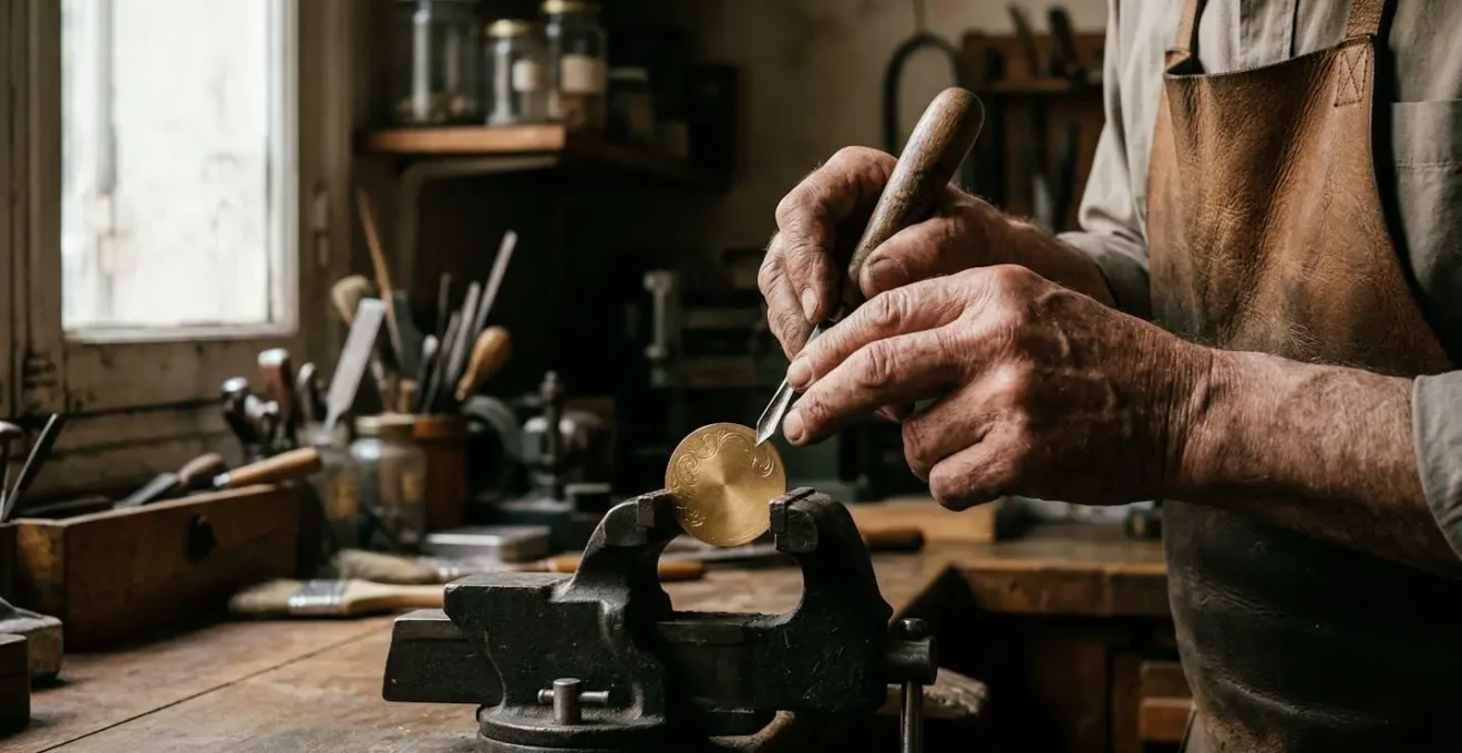 Mains d'artisan graveur travaillant au burin sur une médaille en or