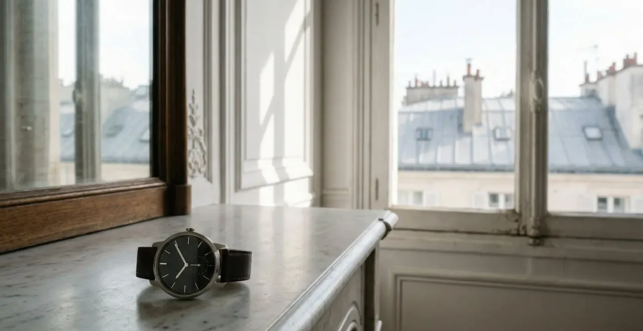 Montre hybride française avec aiguilles traditionnelles dans environnement minimaliste parisien